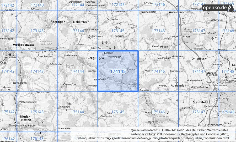Übersichtskarte des KOSTRA-DWD-2020-Rasterfeldes Nr. 174145