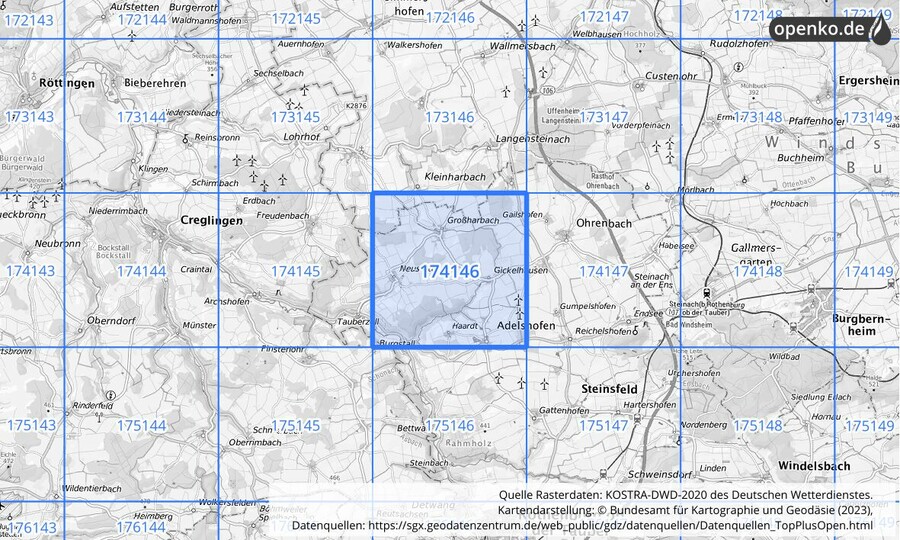 Übersichtskarte des KOSTRA-DWD-2020-Rasterfeldes Nr. 174146