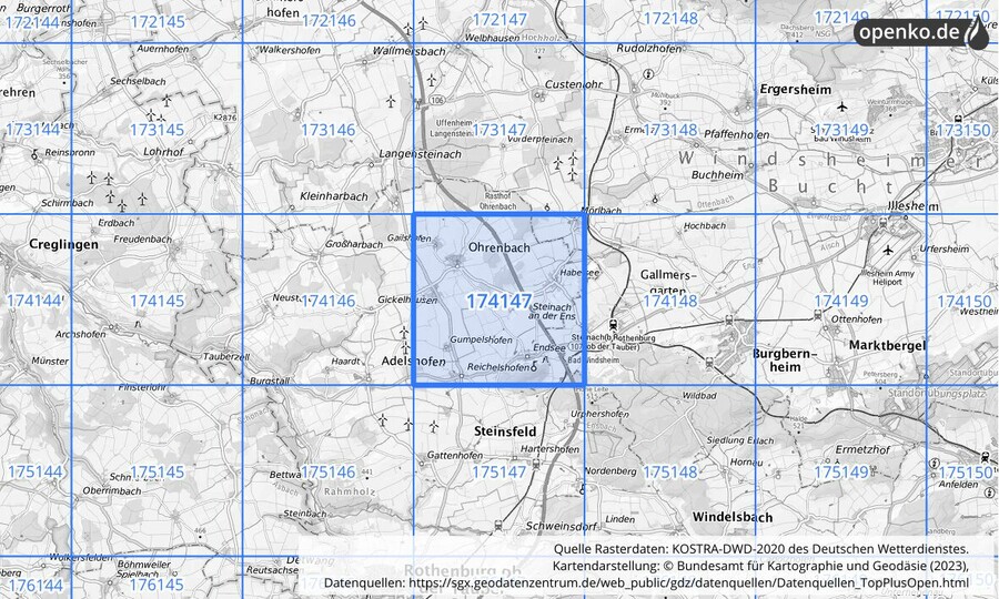 Übersichtskarte des KOSTRA-DWD-2020-Rasterfeldes Nr. 174147