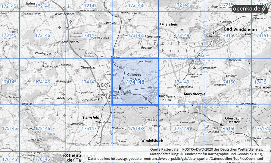 Übersichtskarte des KOSTRA-DWD-2020-Rasterfeldes Nr. 174148