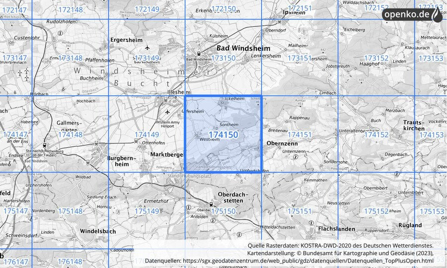 Übersichtskarte des KOSTRA-DWD-2020-Rasterfeldes Nr. 174150