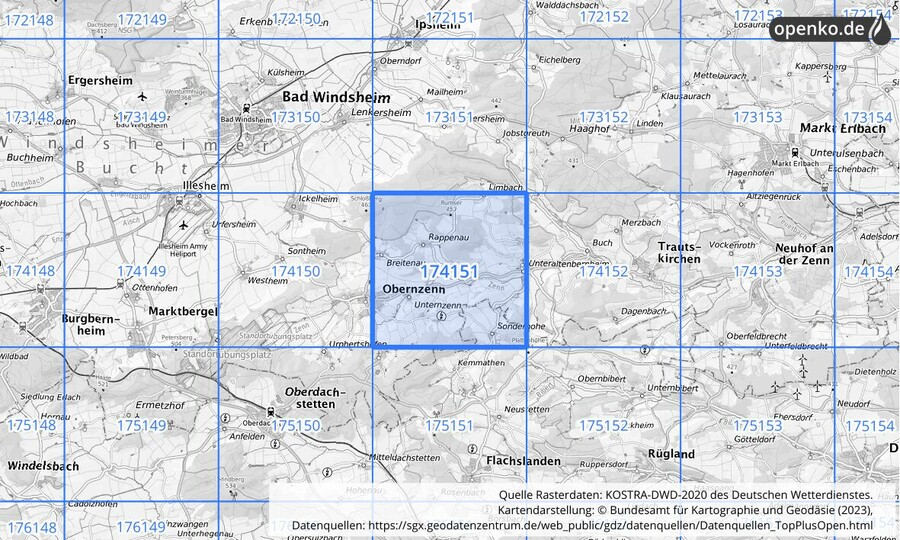 Übersichtskarte des KOSTRA-DWD-2020-Rasterfeldes Nr. 174151