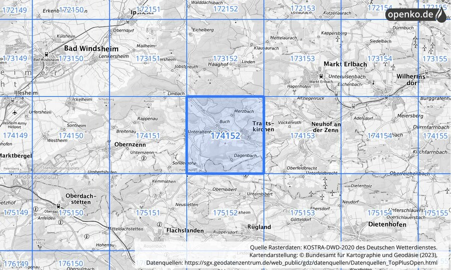 Übersichtskarte des KOSTRA-DWD-2020-Rasterfeldes Nr. 174152