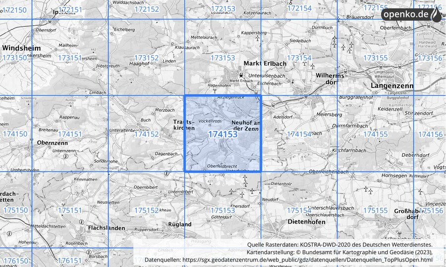 Übersichtskarte des KOSTRA-DWD-2020-Rasterfeldes Nr. 174153