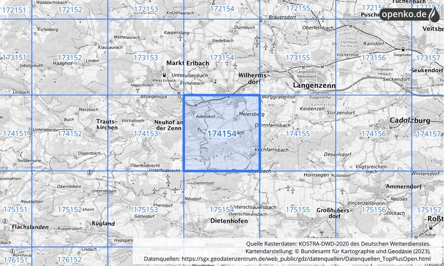 Übersichtskarte des KOSTRA-DWD-2020-Rasterfeldes Nr. 174154