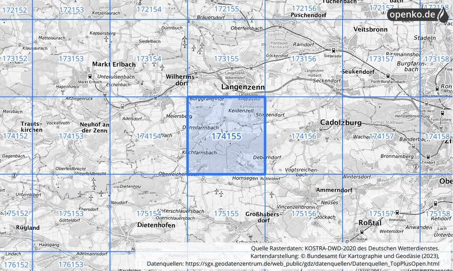 Übersichtskarte des KOSTRA-DWD-2020-Rasterfeldes Nr. 174155