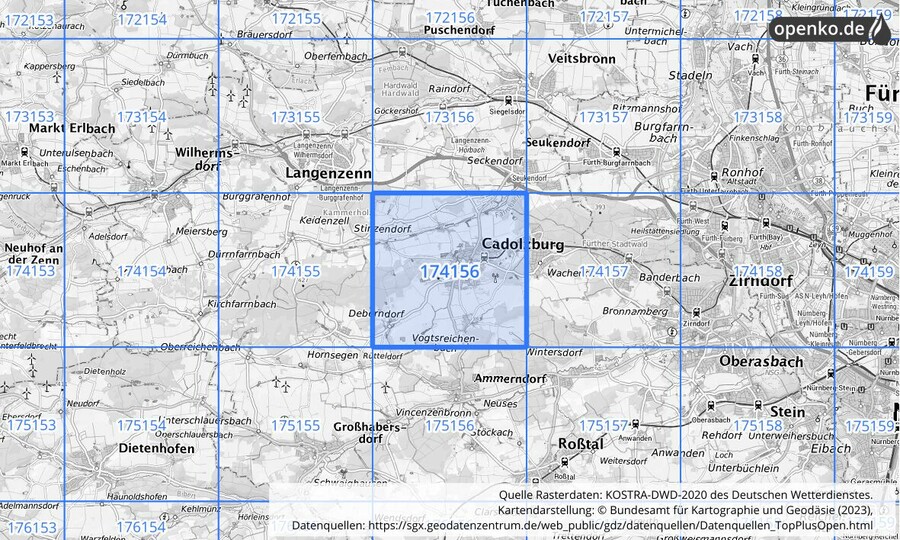 Übersichtskarte des KOSTRA-DWD-2020-Rasterfeldes Nr. 174156