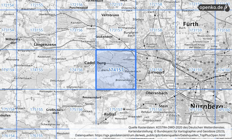 Übersichtskarte des KOSTRA-DWD-2020-Rasterfeldes Nr. 174157