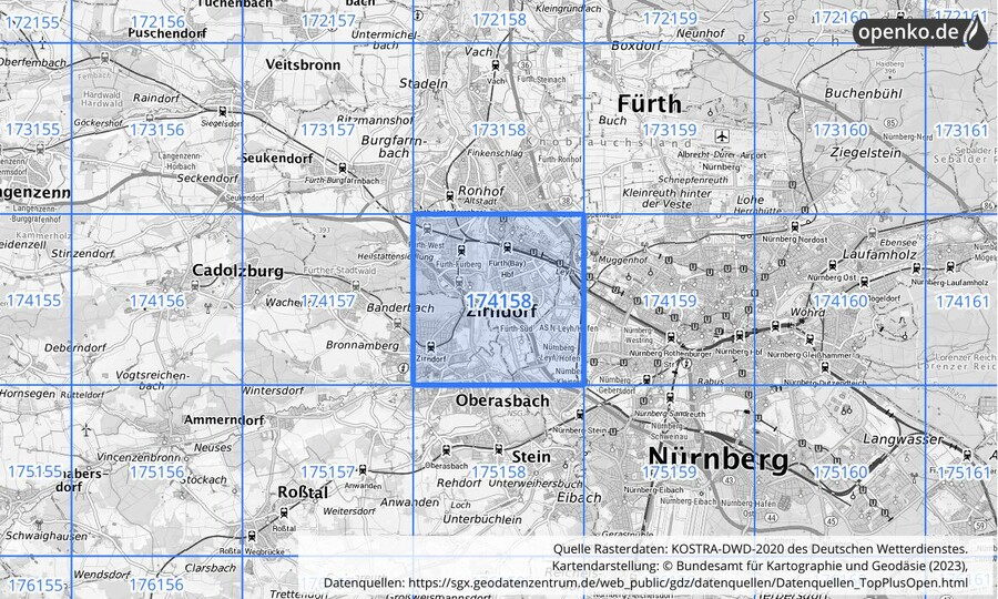 Übersichtskarte des KOSTRA-DWD-2020-Rasterfeldes Nr. 174158