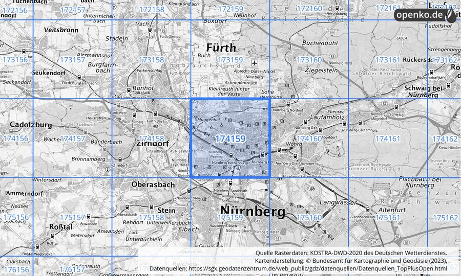 Übersichtskarte des KOSTRA-DWD-2020-Rasterfeldes Nr. 174159