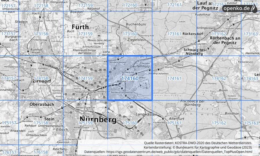 Übersichtskarte des KOSTRA-DWD-2020-Rasterfeldes Nr. 174160