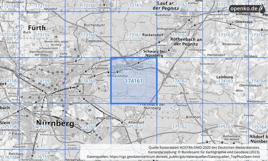 Übersichtskarte des KOSTRA-DWD-2020-Rasterfeldes Nr. 174161