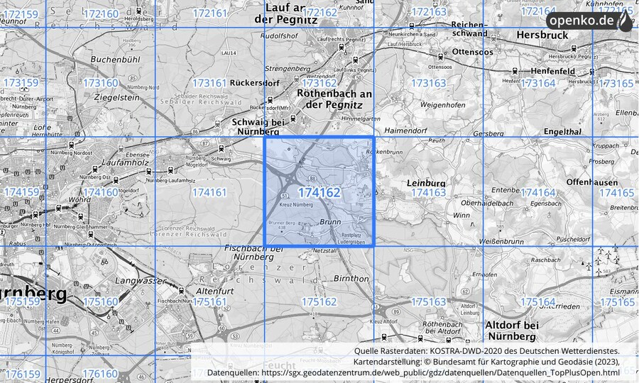 Übersichtskarte des KOSTRA-DWD-2020-Rasterfeldes Nr. 174162