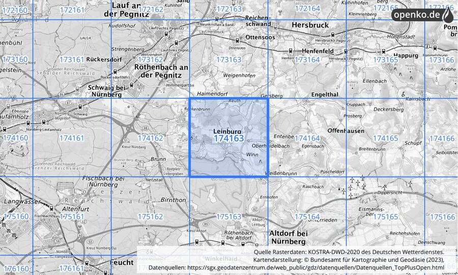 Übersichtskarte des KOSTRA-DWD-2020-Rasterfeldes Nr. 174163