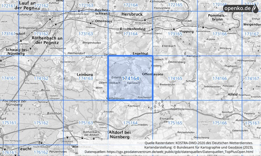 Übersichtskarte des KOSTRA-DWD-2020-Rasterfeldes Nr. 174164