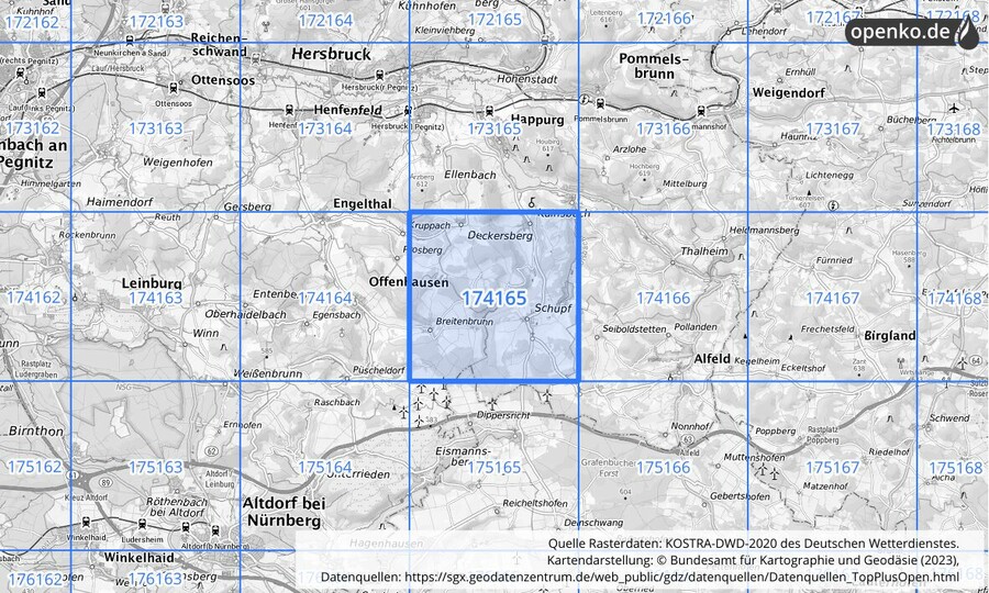 Übersichtskarte des KOSTRA-DWD-2020-Rasterfeldes Nr. 174165