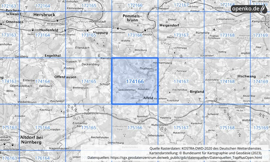 Übersichtskarte des KOSTRA-DWD-2020-Rasterfeldes Nr. 174166