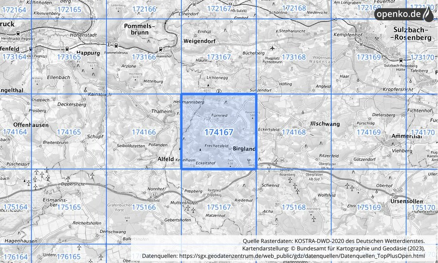 Übersichtskarte des KOSTRA-DWD-2020-Rasterfeldes Nr. 174167