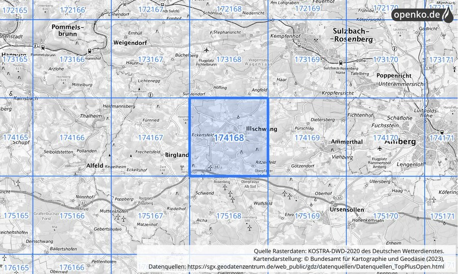 Übersichtskarte des KOSTRA-DWD-2020-Rasterfeldes Nr. 174168