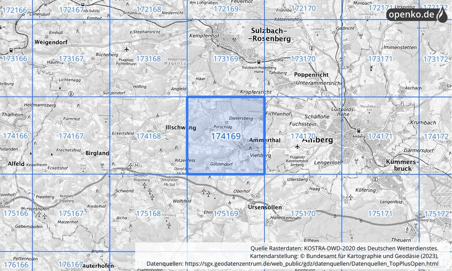 Übersichtskarte des KOSTRA-DWD-2020-Rasterfeldes Nr. 174169