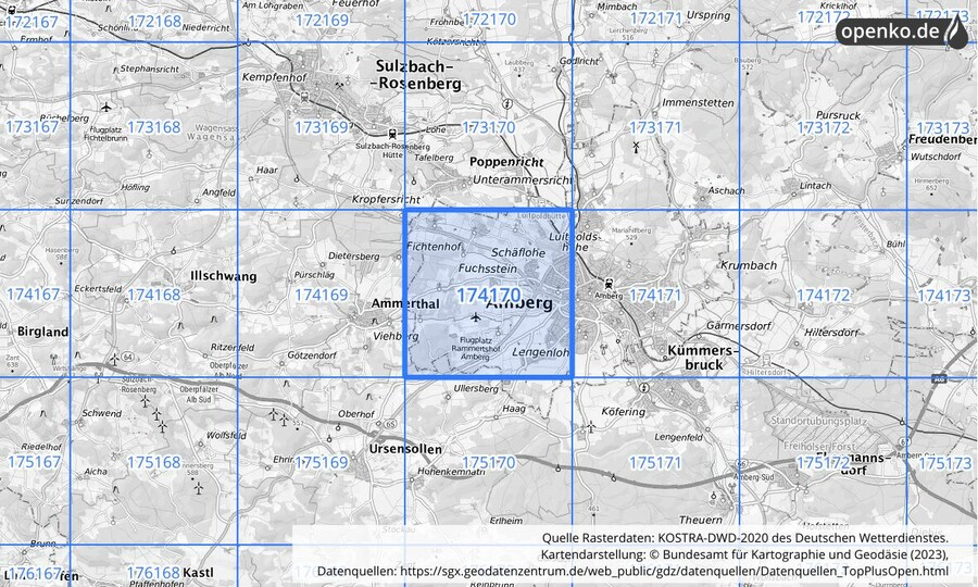 Übersichtskarte des KOSTRA-DWD-2020-Rasterfeldes Nr. 174170