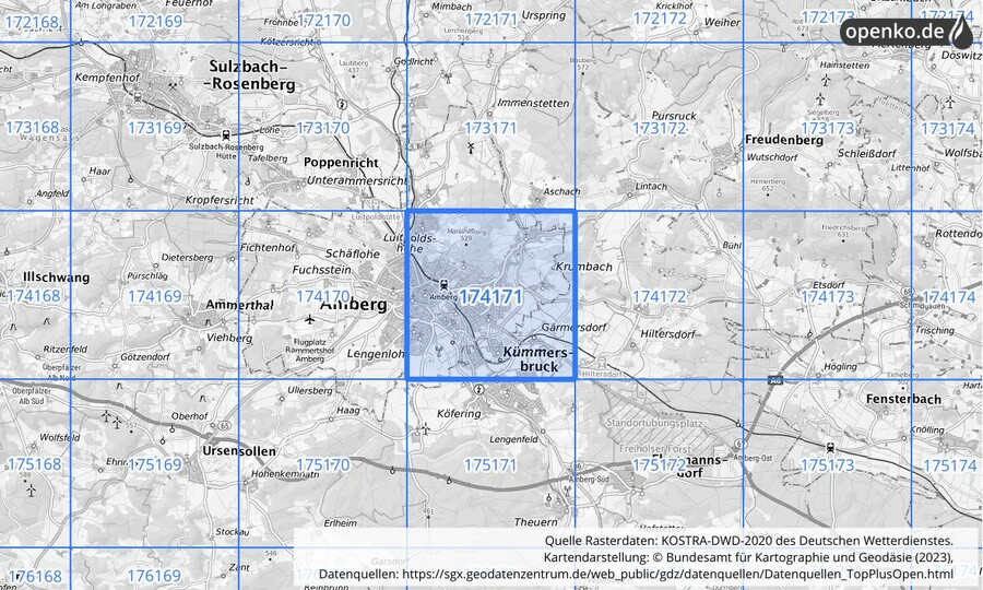 Übersichtskarte des KOSTRA-DWD-2020-Rasterfeldes Nr. 174171