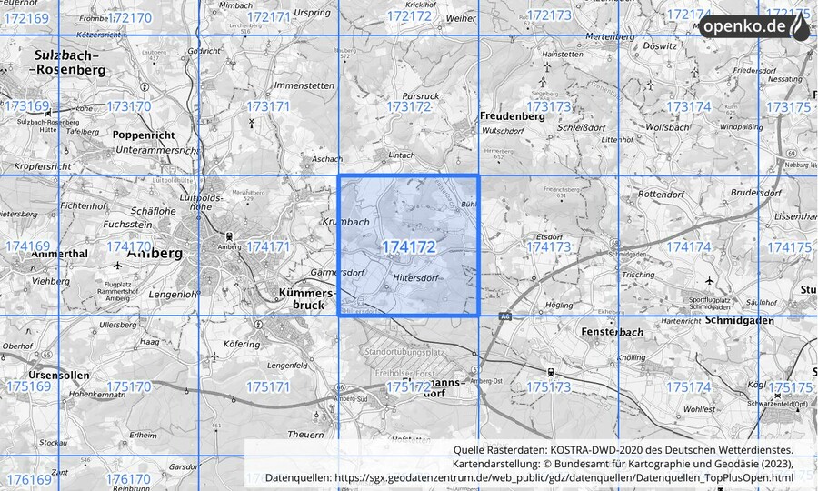 Übersichtskarte des KOSTRA-DWD-2020-Rasterfeldes Nr. 174172