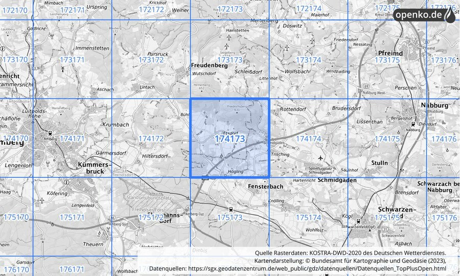 Übersichtskarte des KOSTRA-DWD-2020-Rasterfeldes Nr. 174173