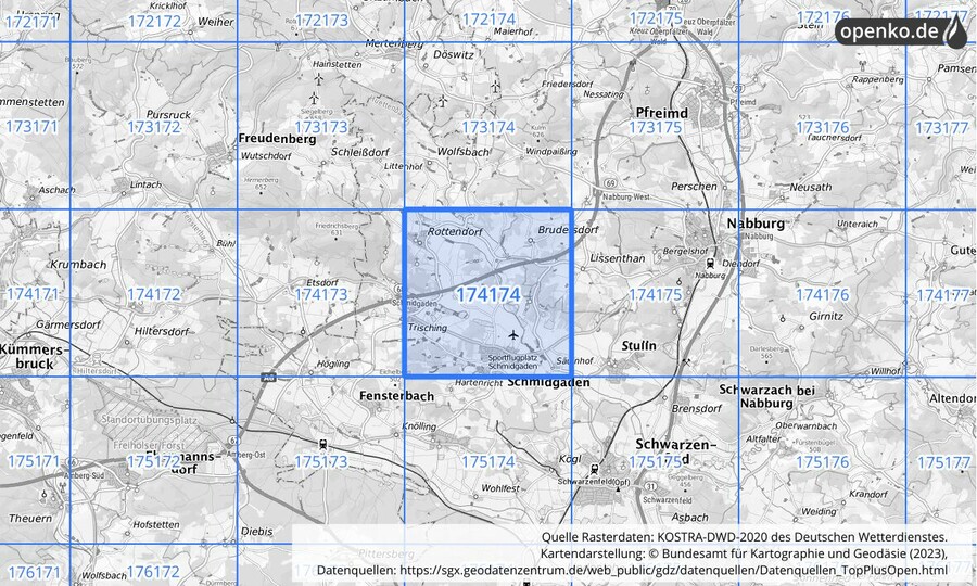 Übersichtskarte des KOSTRA-DWD-2020-Rasterfeldes Nr. 174174