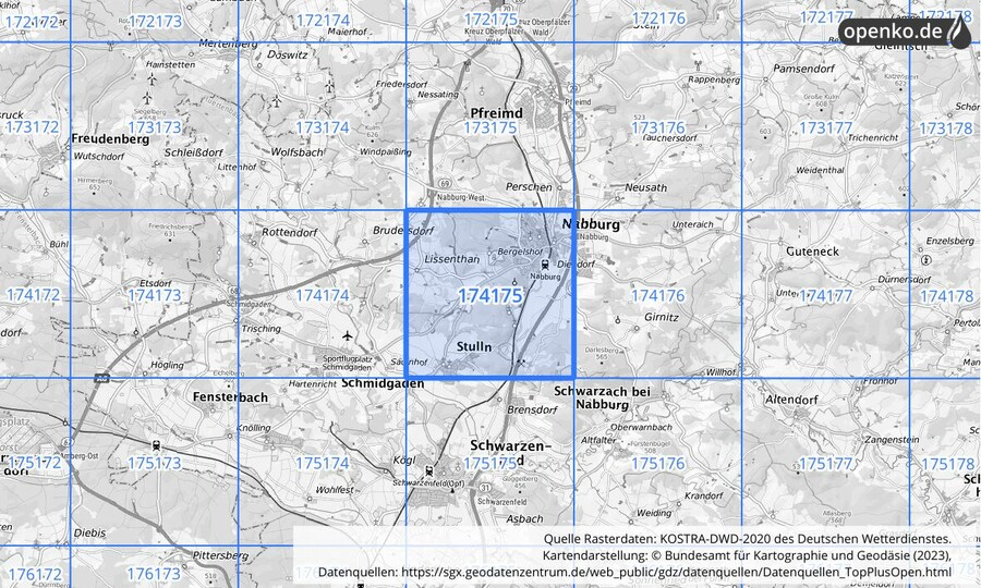 Übersichtskarte des KOSTRA-DWD-2020-Rasterfeldes Nr. 174175