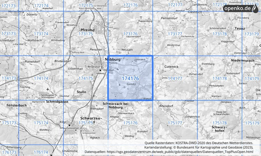 Übersichtskarte des KOSTRA-DWD-2020-Rasterfeldes Nr. 174176