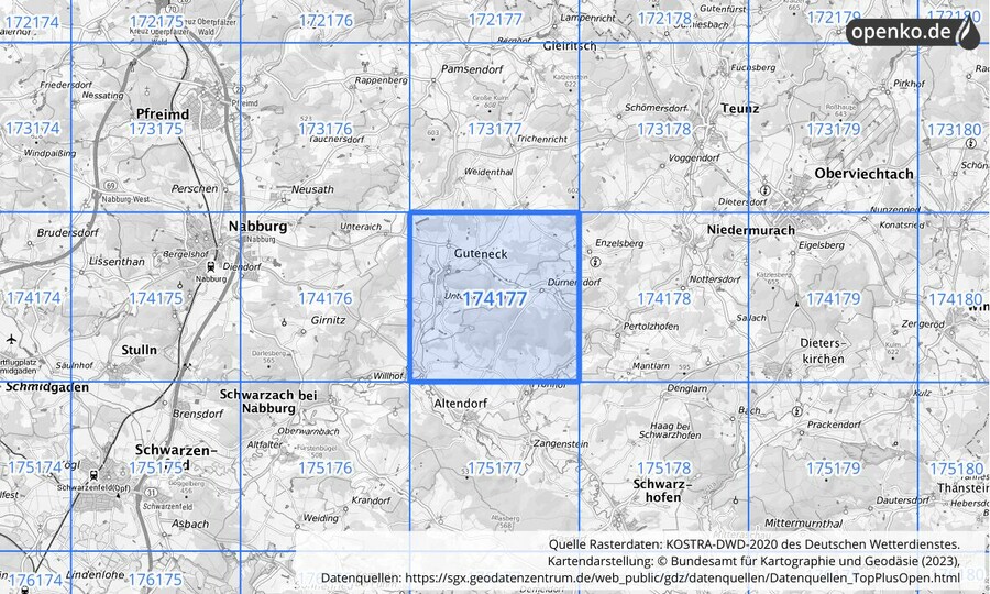 Übersichtskarte des KOSTRA-DWD-2020-Rasterfeldes Nr. 174177