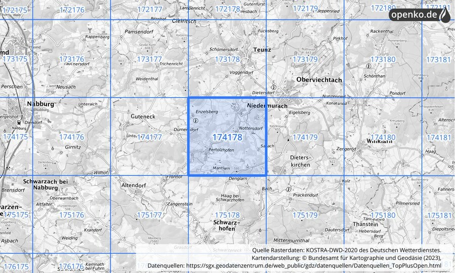 Übersichtskarte des KOSTRA-DWD-2020-Rasterfeldes Nr. 174178