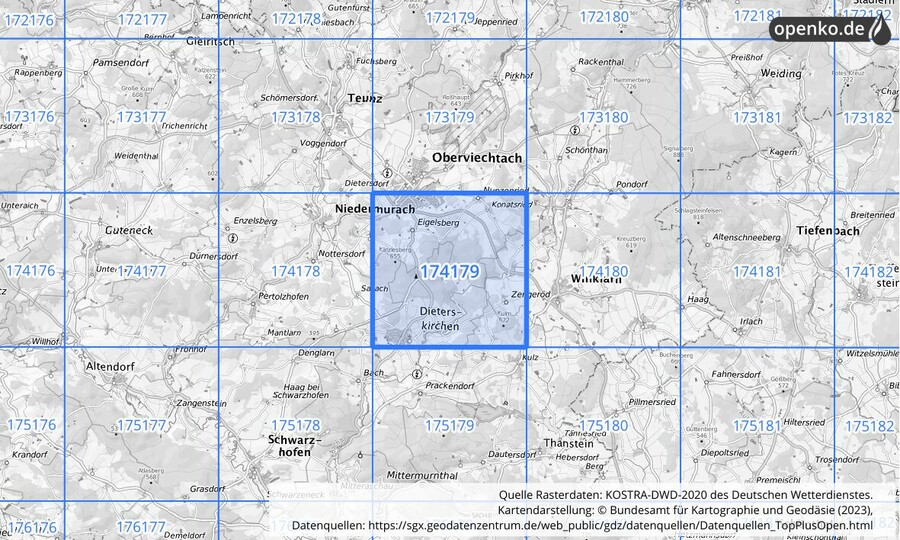 Übersichtskarte des KOSTRA-DWD-2020-Rasterfeldes Nr. 174179