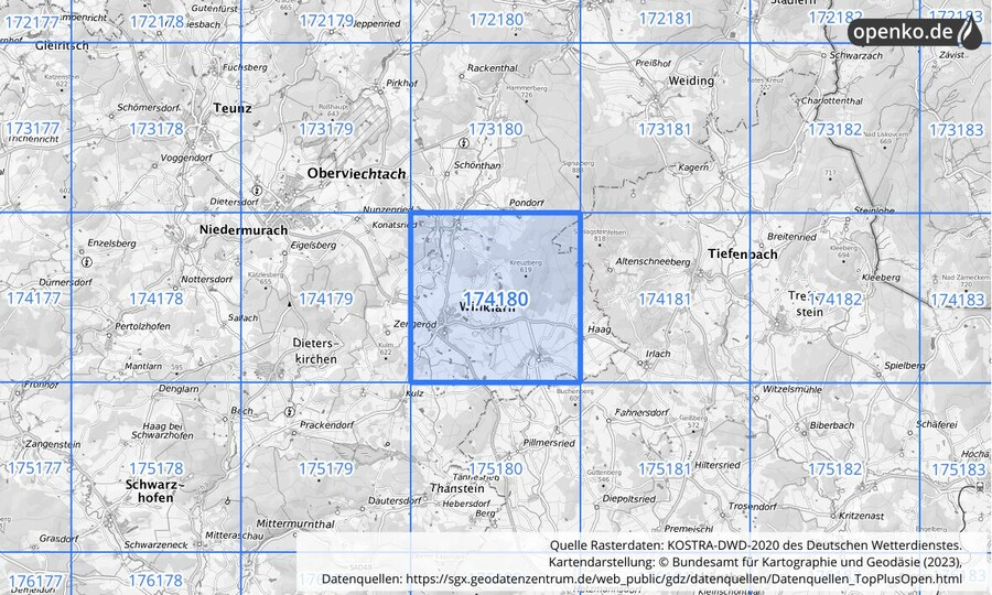 Übersichtskarte des KOSTRA-DWD-2020-Rasterfeldes Nr. 174180