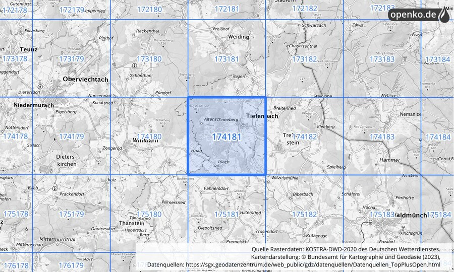 Übersichtskarte des KOSTRA-DWD-2020-Rasterfeldes Nr. 174181