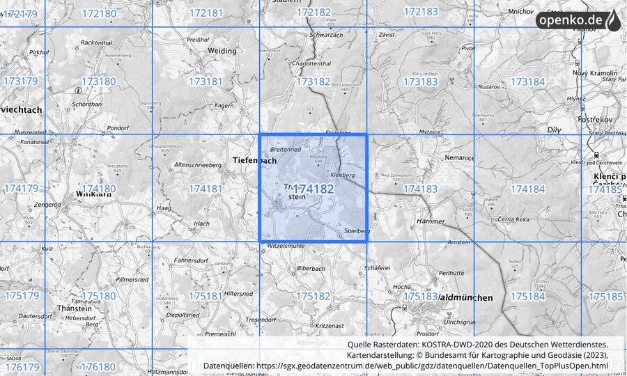 Übersichtskarte des KOSTRA-DWD-2020-Rasterfeldes Nr. 174182