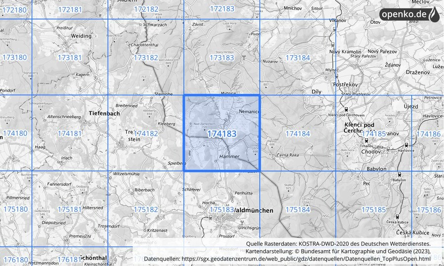 Übersichtskarte des KOSTRA-DWD-2020-Rasterfeldes Nr. 174183