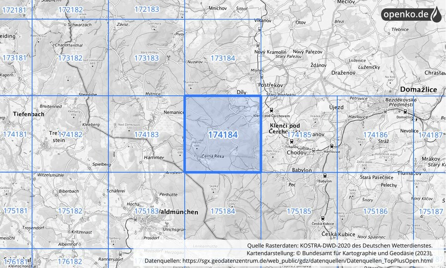Übersichtskarte des KOSTRA-DWD-2020-Rasterfeldes Nr. 174184