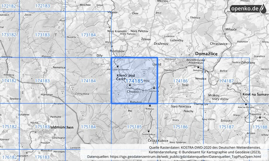 Übersichtskarte des KOSTRA-DWD-2020-Rasterfeldes Nr. 174185