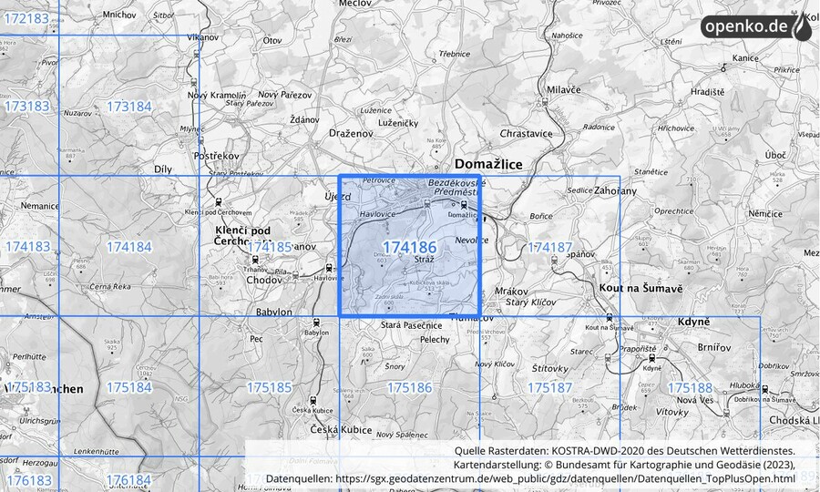 Übersichtskarte des KOSTRA-DWD-2020-Rasterfeldes Nr. 174186