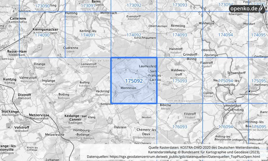 Übersichtskarte des KOSTRA-DWD-2020-Rasterfeldes Nr. 175092