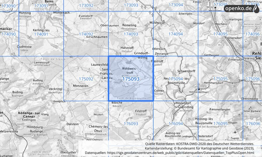 Übersichtskarte des KOSTRA-DWD-2020-Rasterfeldes Nr. 175093