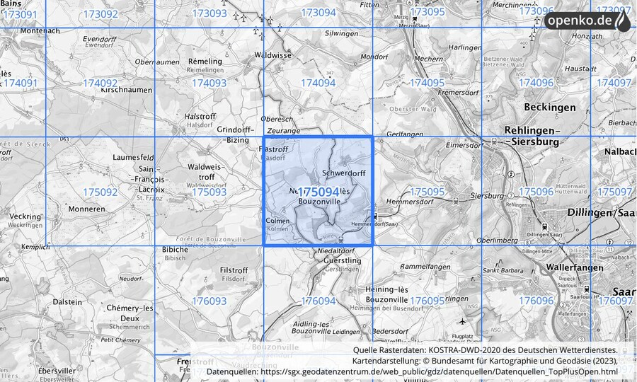 Übersichtskarte des KOSTRA-DWD-2020-Rasterfeldes Nr. 175094