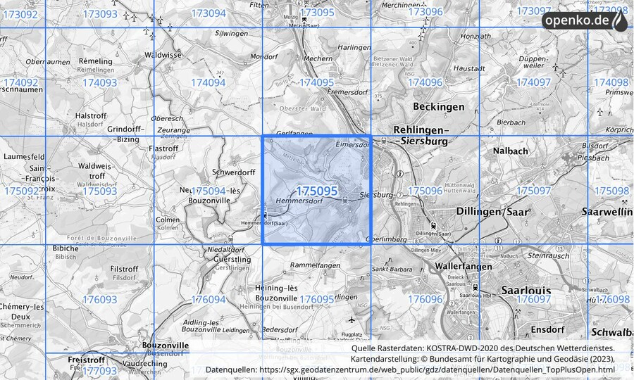 Übersichtskarte des KOSTRA-DWD-2020-Rasterfeldes Nr. 175095