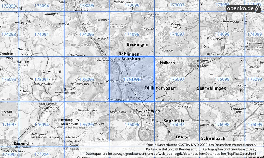 Übersichtskarte des KOSTRA-DWD-2020-Rasterfeldes Nr. 175096