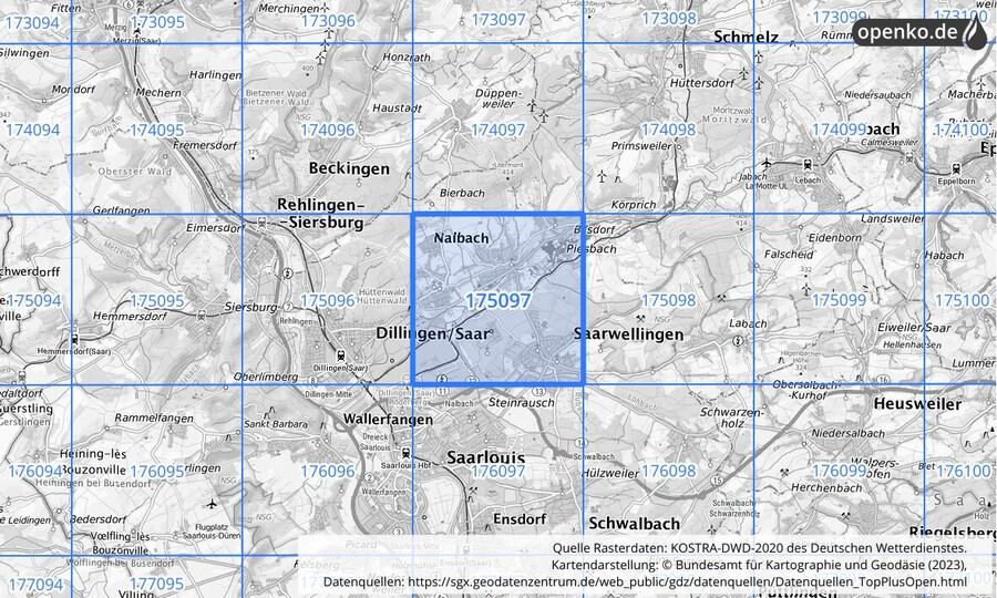 Übersichtskarte des KOSTRA-DWD-2020-Rasterfeldes Nr. 175097