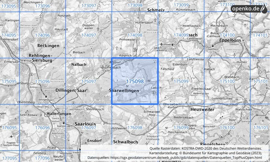 Übersichtskarte des KOSTRA-DWD-2020-Rasterfeldes Nr. 175098