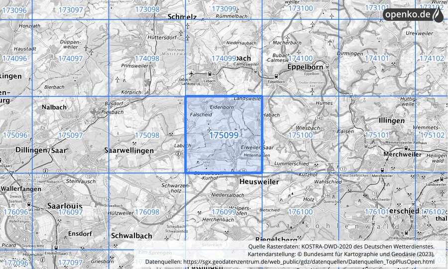 Übersichtskarte des KOSTRA-DWD-2020-Rasterfeldes Nr. 175099