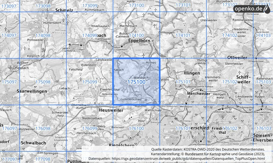 Übersichtskarte des KOSTRA-DWD-2020-Rasterfeldes Nr. 175100